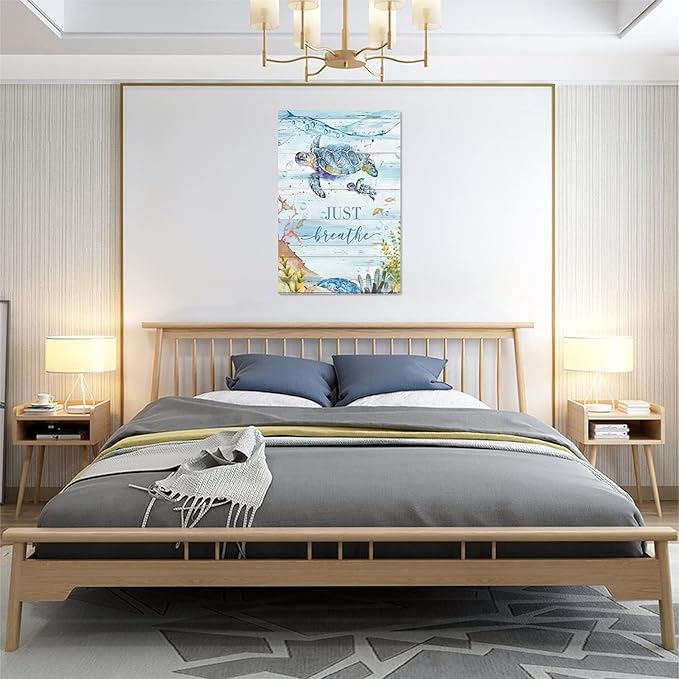 yerretin Nautical Sea Turtle Wall Art Ocean Just Breathe Pictures Wall Decor Beach Canvas Painting Modern Artwork Home Decoration for Bathroom Living Room Bedroom Office Framed 16"x24"