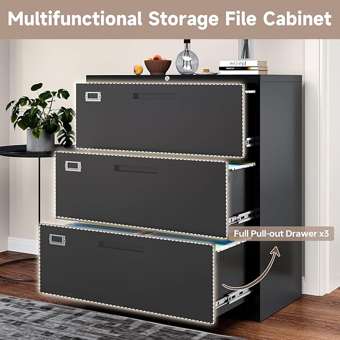3 Drawer Lateral File Cabinet with Lock, Metal Filing Cabinets for Home Office, Wide Locking File Caninets, Black Office Storage Cabnet for Hanging Letter/Legal / A4 / F4 - Assembly Required