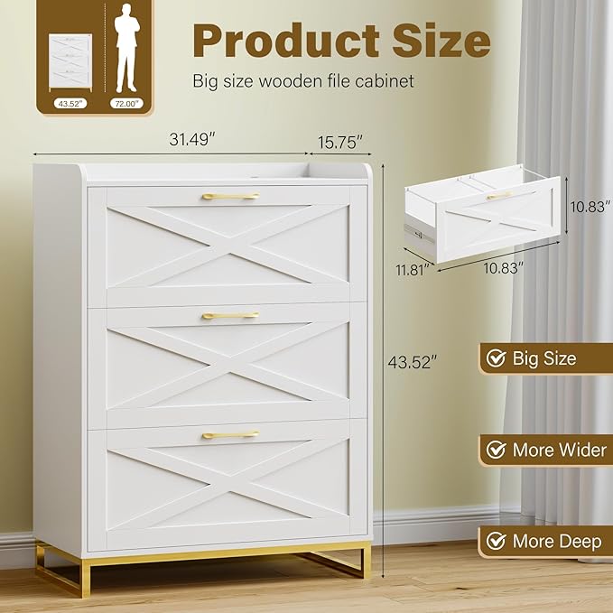 Vabches File Cabinet 3 Drawers Lateral File Cabinet with Charging Station for Letter/Legal/A4 Size Hanging Files, Large Wood File Storage Cabinets Printer Stand for Home Office, White and Gold