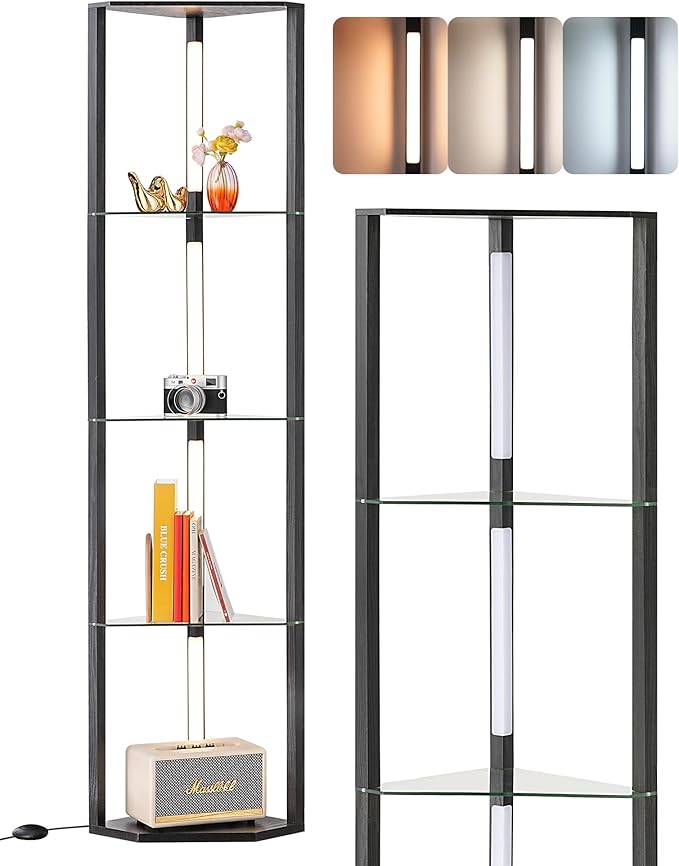 EDISHINE Floor Lamp with Shelves, 5-Tier Glass Display Shelf with Remote/Foot Control, 5CCT & Dimmable Corner Shelf Lamp, Open Display Cabinet, Floor Lamps for Living Room, Bedroom, Black