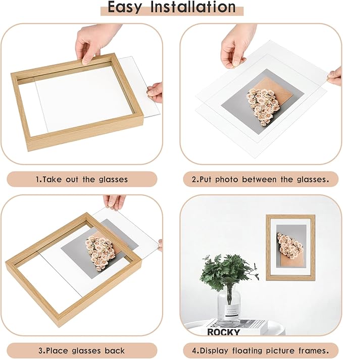 MUYE 12x16 Floating picture Frames Set of 2,Double Glass Frame,Display Any Size Photo up to 12x16,Wall Mount or Tabletop Standing,Natural