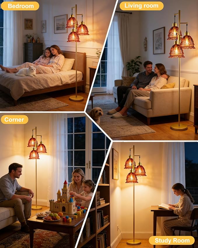 Lightdot 3-Lights Glass Floor Lamp Dimmable Gold Floor Lamp with Deep Red Glass Shade 3000K Bulbs Included Unique Modern Standing Tall Lamp for Living Room/Bedroom/Sofa Beside/Corner Decor