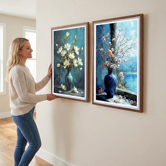 Set of 2 Floral Still Life Canvas Wall Art | Oil Painting Style High Definition Prints with Rustic Frames | Ready to Hang Modern Farmhouse Wall Decor for Living Room, Bedroom & Kitchen (16x24 Inchesx2)