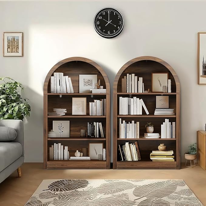 Bookcase, 4-Tier Tall Bookshelf, 47.6" Wood Open Display Floor Arched Book Shelf, Large Storage Organizer for Bedroom and Living Room Brown