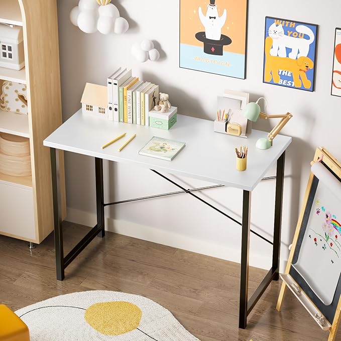 Sweetcrispy Small Computer Desk,55 Inch Office Writing Work Desk with Metal Frame Wooden Tabletop, Student Study Home Bedroom Table with X-Shaped Reinforcement, White