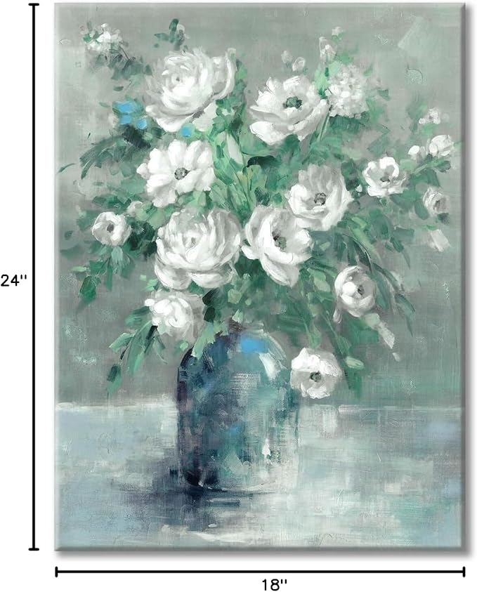 UTOP-art Floral Canvas Wall Art Painting White Rose Flower Green Leaves Hand Painted Texture Picture Artwork For Bedroom Plant Wall Decor Bathroom Walls Office(18'' x 24'' x 1 Panel)