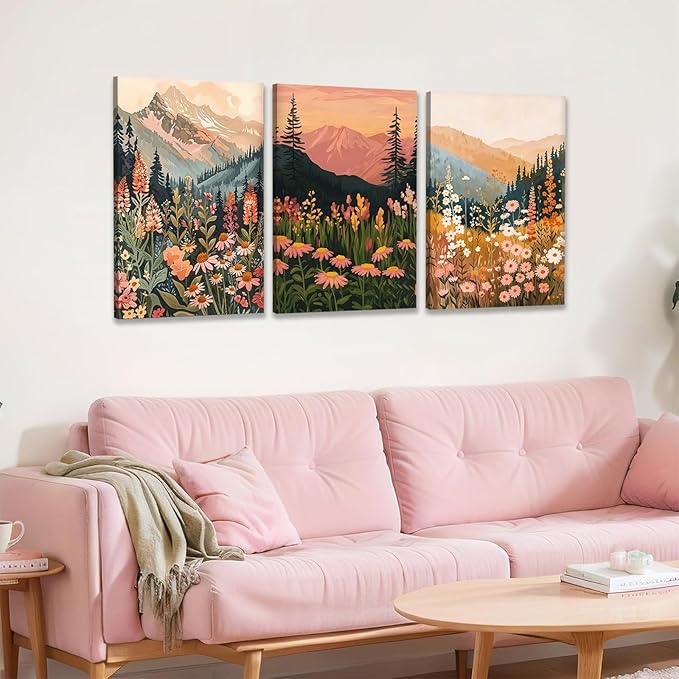 KBKBART Boho Colorful Landscape wall art Set of 3, Wildflower Mountain Wall Decor Vintage Floral Forest Paintings Rustic Nature Pictures Canvas Prints for Living Room Bedroom Dining Room 12x16 Inch