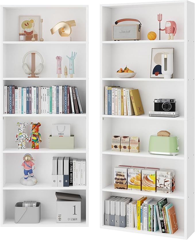 Vongrasig 6-Tier Open Bookcase and Bookshelf, Floor Standing Wood Display Storage Shelves 71 Inch Tall Bookcase Home Decor Furniture for Home Office, Living Room, Bed Room, White, 2 Pieces