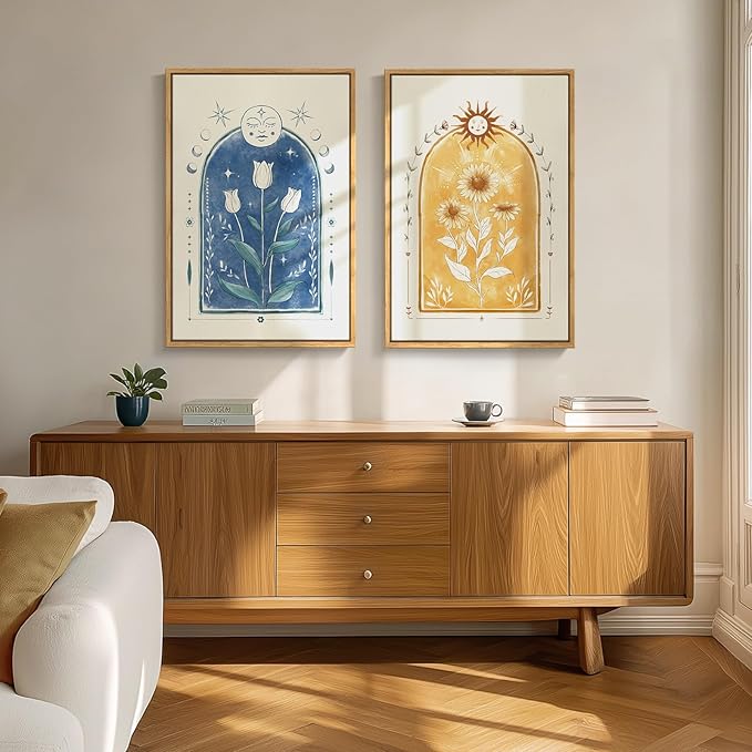 Framed Mid Century Modern Tarot Wall Art for Living Room, Set of 2 Boho Abstract Sun and Moon Floral Canvas Artwork for Walls, Bohemian Painting Print Wall Decor for Bedroom Hallway Office, 16x24 Inch