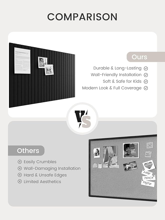 Bumusty Large Cork Board Alternative-36 x 24" Felt Bulletin Board Tiles, with 30 Pushpins, 40 Adhesive Tabs, 6-Pack Slat Wall Paneling, Cork Boards for Office Push Pin Board Felt Board-Black