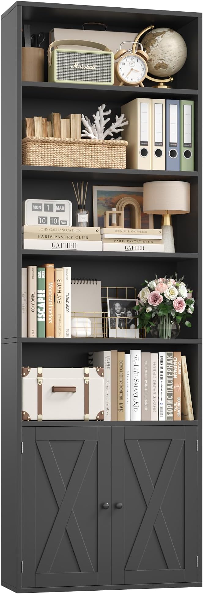 FACBOTALL 82" Tall Bookcase and Book Shelf, 24" Wide Bookshelf with Doors, 7 Tier Bookcase with Storage and Adjustable Shelf, Open and Display Farmhouse Bookshelf for Living Room, Home Office, Black
