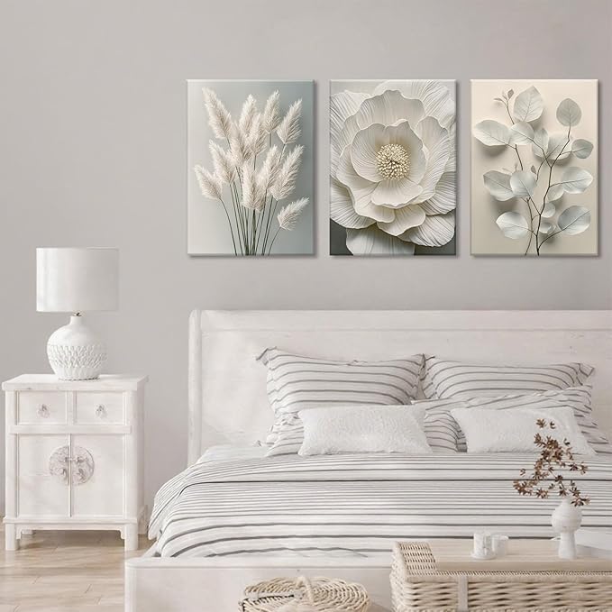 TUEASKY 3 Piece Canvas Wall Art Floral Wall Decor Neutral Pictures Flower Art Prints Botanical Paintings Beige Artwork For Bedroom Living Room
