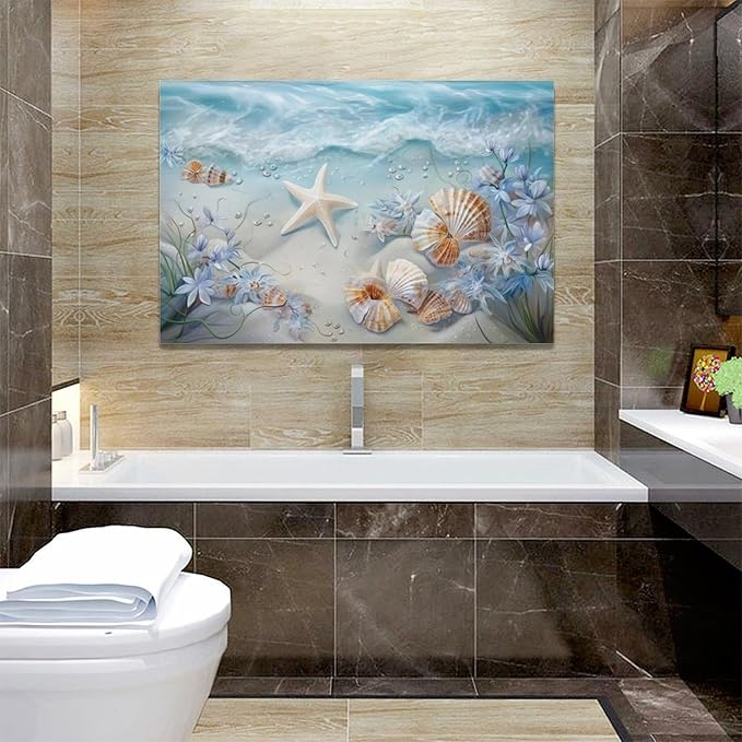Beach Seashell Bathroom Wall Art Coastal Floral Pictures Wall Decor Flower Starfish Canvas Painting Modern Decoration Artwork for Bathroom Living Room Bedroom Office Framed 24"x16"