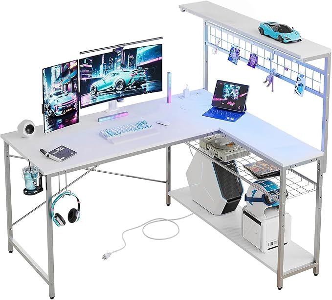 Bestier Gaming Desk 51" L-Shaped, with Power Outlets & LED Lights- 4 Tier Shelves, Reversible Gamer Table with Hooks & Cup Holder for Home Office,Carbon Fiber White