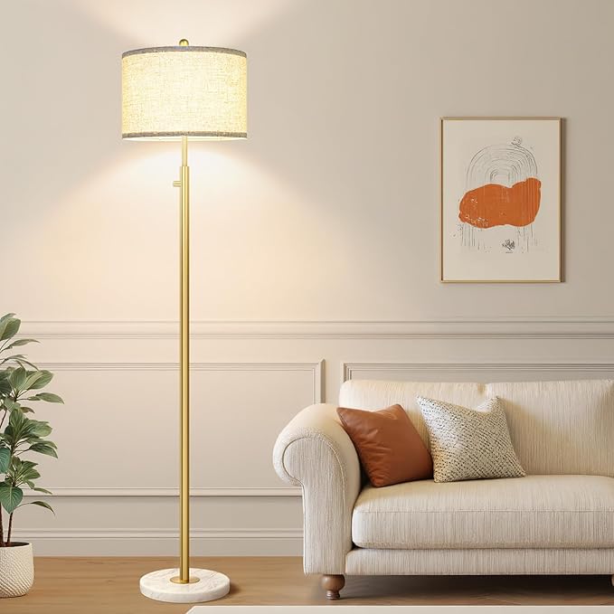 【Upgraded】 Dimmable Floor Lamp for Living Room, 11W LED Bulb Included, Modern Standing Lamp with Marble Base, Tall Pole Light with Linen Shade for Bedroom Reading Office Corner Nursery-Brass Gold