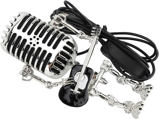 ZJchao Vintage Microphone Guitar Robot Table Lamp Aluminum Retro Metal Robot Night Light for Bedroom Desk Home Decor (Black)