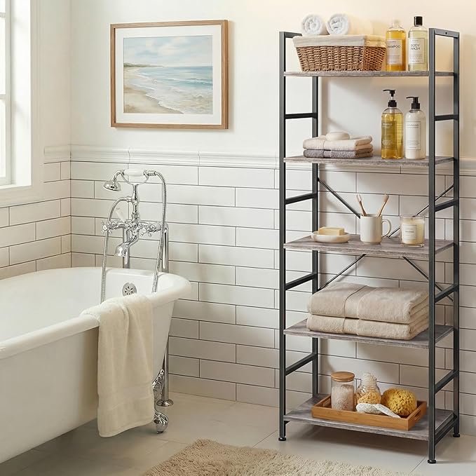 5 Tier Bookshelf, Free Standing Wooden Bookcase with Open Storage Shelves with Metal Frame, Sturdy Shelf Organization Display Rack for Living Room, Bedroom, Home Office, 62.2" Tall, Grey