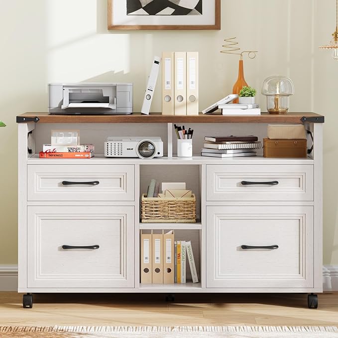 Vabches Farmhouse Filing Cabinet with Adjustable Shelf & Wheels, Lateral File Cabinets, Office Storage Cabinet with 4 Drawers and Open Storage Space, for Hanging Files Letter/A4, for Home Office