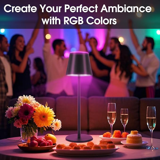Energetic RGBW Cordless Table Lamp, LED Touch Desk Lamp Battery Powered, Dimmable, Type-C Charger, 3000K, for Restaurant/Bedroom/Bars/Party/Camping, Outdoor & Indoor, Water Resistance, Metal, 2 Pack