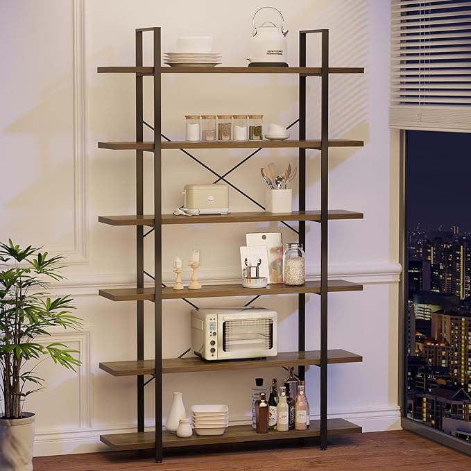 HSH Tall Bookcases and Book Shelves 6 Shelf, Metal Wooden Book Shelf and Storage Rack, Modern Etagere 6 Tier Bookshelf, Farmhouse Large Display Bookshelves for Bedroom Living Room Office, Rustic Oak