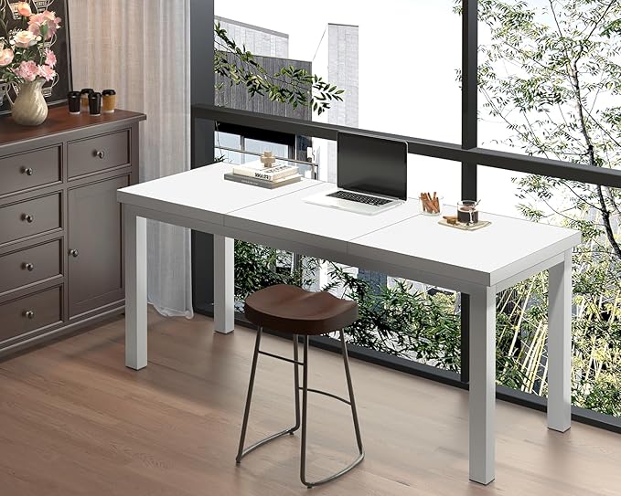 55 Inch Wooden Computer Desk with Thick Desktop - Gaming, Writing Table for Home Office, Study, Work, Student & School Use, Simple Style, White