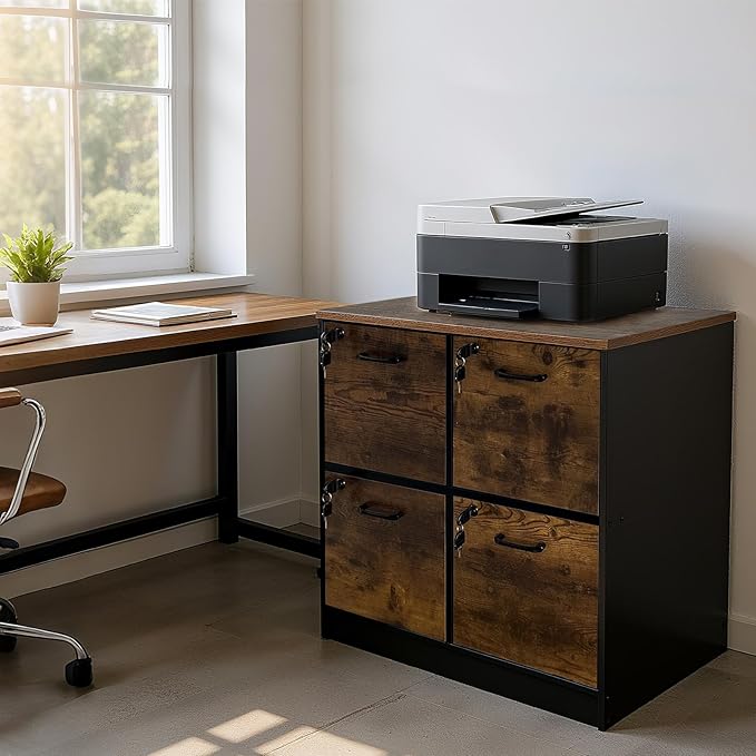 Garvee 4 Drawer File Cabinet with Lock, Wooden Locked File Cabinets Printer Stand for Home Office, Lockable Filing Cabinet for Letter/A4 Size Files, Rustic Brown and Black