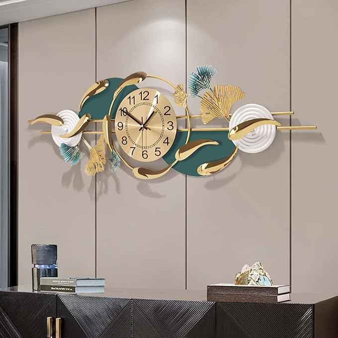 Wall Clock Large Metal Wall Clocks Creative Gold Fish Design Silent Wall Clock for Bedroom Kitchen Home Office Entrance Indoor 100x33cm/39x13 Clock (Horizontal A)