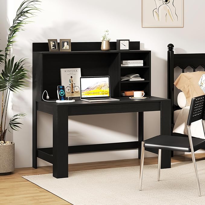 Giantex Computer Desk with Hutch, Modern Home Office Desk with Power Outlets, Storage Shelves & Cable Hole, Makeup Vanity Table, Study Writing Desk for Bedroom Office Small Space (Black)
