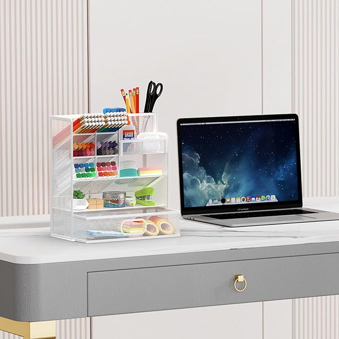 Mesh Pen Organizer for Desk, Multi-Functional Pencil Holder with Drawer Desk Organizers, Large Capacity Storage for School Office Home Supplies (White)