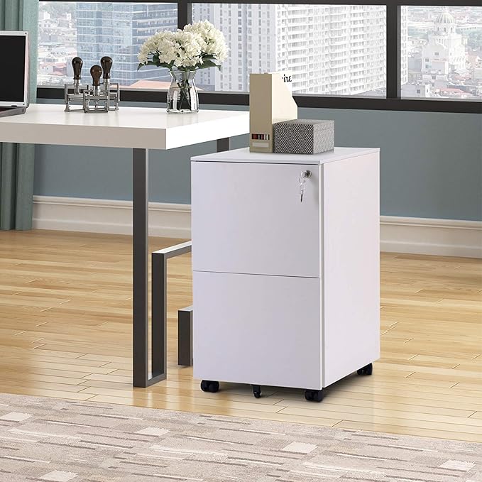 2 Drawer Locking File Cabinet with Wheels, Mobile Metal Filing Cabinet for Home and Office, Steel, White