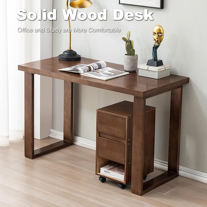 Solid Wood Desk, Wooden Computer Desk for Home Office, Gaming Study Desk for Small Spaces, Writing Work Desk for Bedroom,Easy Assembly (Walnut Color 47inch)