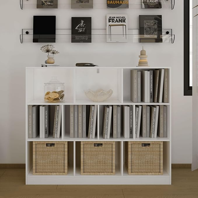 10-Cube Wooden Bookshelf with Base,3-Tier Freestanding Open Storage Organizer,Multi-Functional Bookcase for Living Room,Bedroom,Study and Office
