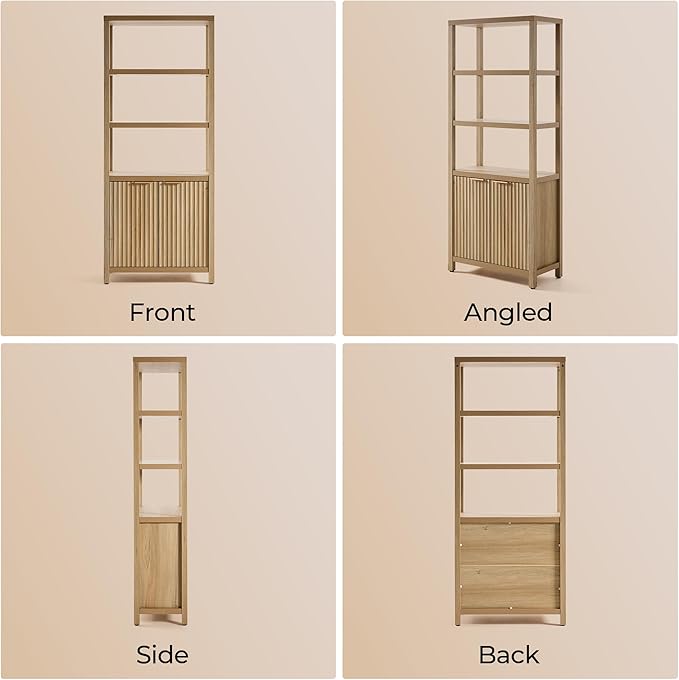 71" Tall Fluted Bookshelf with Cabinet, 5-Tier Large Bookcase with Adjustable Shelves and Doors, Storage Book Shelf for Living Room, Bedroom, Office (Golded Oak, 1PCS)