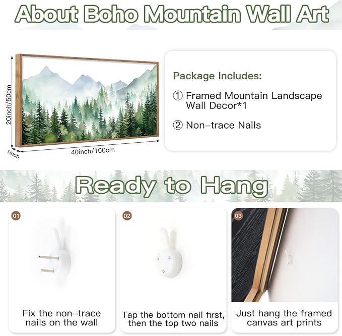 CHDITB Mountain Landscape Framed Canvas Wall Art(40"x20"), Boho Nature Forest Artwork Prints, Large Abstract Modern Green Pine Trees Art Decor for Bedroom Living Room Office