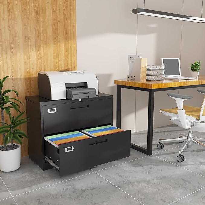 2 Drawer Lateral File Cabinet Metal Filing Cabinet with Lock Office Home Steel Lateral File Cabinet for A4 Legal/Letter Size Lockable Wide Metal Cabinet,Assembly Required(2 Drawer, Black)