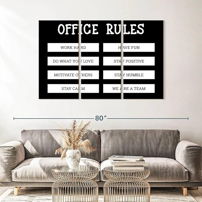 Elephant Stock - Office Rules Wall Art - Horizontal Multi Panel Canvas - 3 Piece Home Office Wall Decor - Digital Art Motivational Typography Multi Piece Wall Art - Black And White Decor by Cad Designs - 57" x 36"