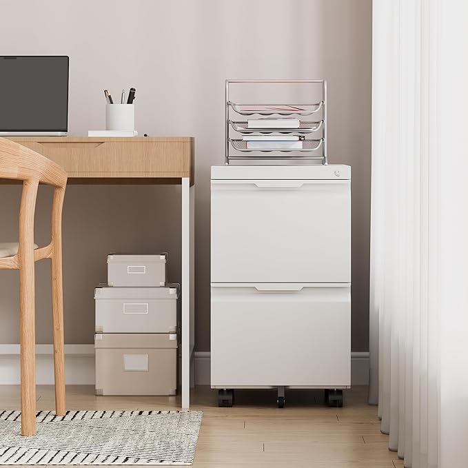 2 Drawer File Cabinet with Lock,Filing Cabinet for Home Office,Small Rolling for Legal/Letter/A4 File,Mobile Cabinets on Wheels Under Desk -White