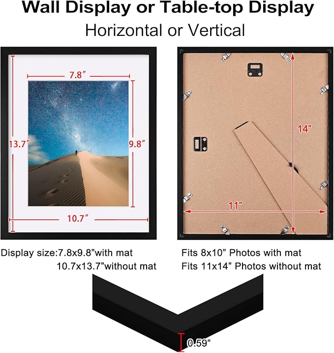 KINLINK 11x14 Picture Frame Set of 6, Wooden 14x11 Photo Frames with Plexiglass for 8x10 Picture with Mat or 11x14 Without Mat, Art Collage for Wall Gallery and Tabletop Display, 11 x 14 Frame Black
