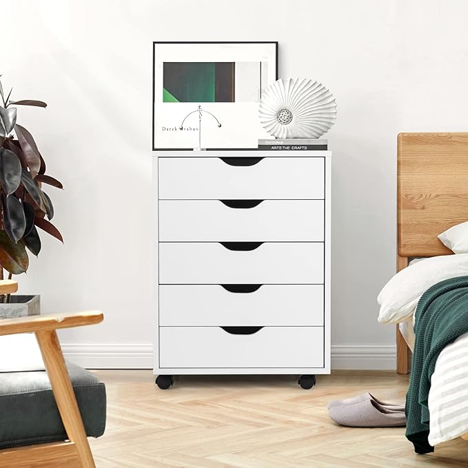 5 Drawers File Storage Cabinet, 26.5" Vertical Filling Cabinet for Home Office, Under Desk Office Drawer Organizer, Universal & Lockable Casters, Rolling Printer Storage Rack (White)