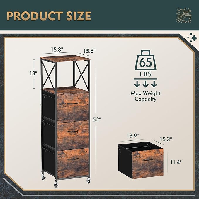 3 Drawers File Cabinet, Vertical Filing Cabinets for Home Office, Non-woven Fabric Drawer with Adjustable Hanging File Folders, A4/Letter Size, Open Shelf, Mobile Printer Stand, Rustic Brown