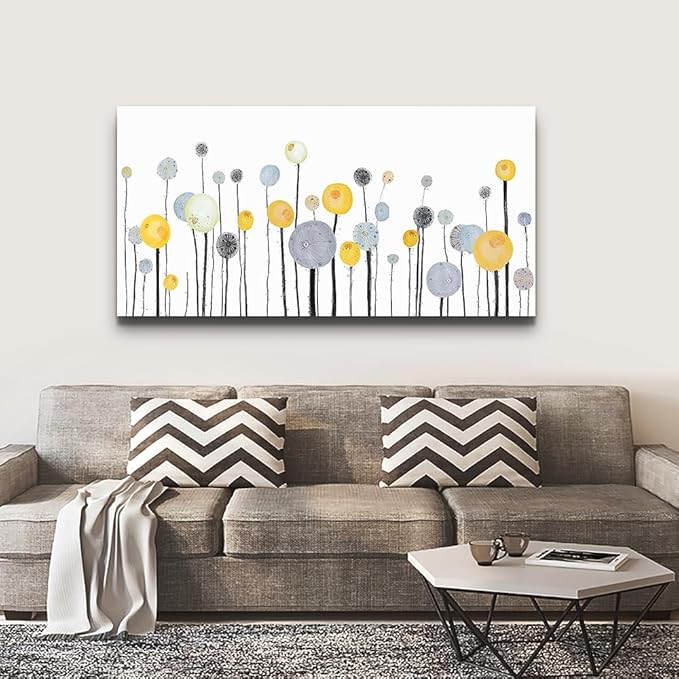MHARTK66 Abstract Canvas Wall Art Dandelion Modern Minimalist Wall Decor – Neutral Yellow Gray Watercolor Paintings Stretched Ready to Hang Pictures for Living Room Bedroom Bathroom Home Office 30x60