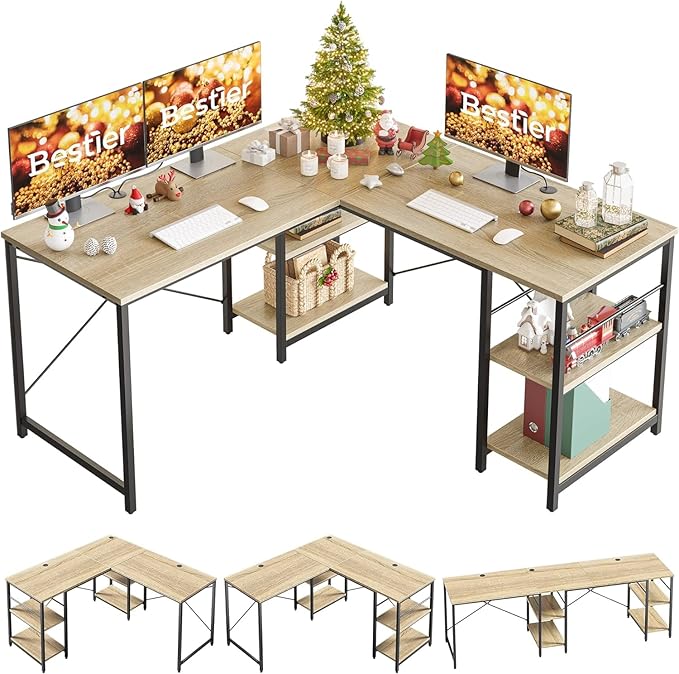 Bestier 95.2” L Shaped Desk, Reversible Corner Computer Desk or 2 Person Long Table with Adjustable Shelves, Large Writing Study Workstation with 3 Cable Holes - Oak