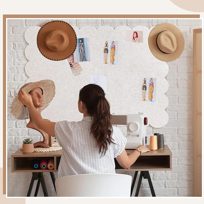 Scalloped Felt Bulletin Board 48 x 36 Inches Foldable Beige Pin Cork Board Alternative for Wall, 4' x 3' Trifold Picture Vision Self Adhesive Bulletin Decorative