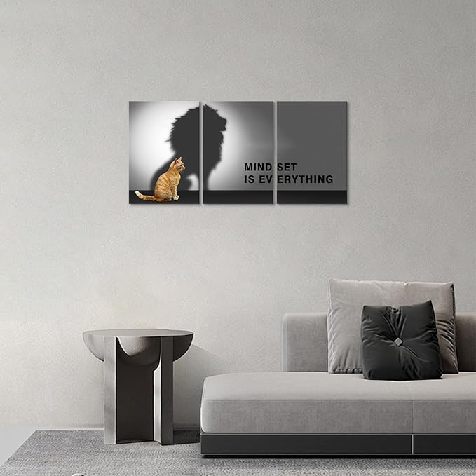 Mindset is Everything Wall Art Lion Cat Motivational Wall Decor for Office Pictures Posters Framed Inspirational Canvas Wall Art Prints Painting Artwork Decor Ready to Hang in Living Room Bedroom
