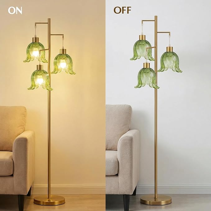 Gold Floor Lamp for Living Room,Bedroom,Tree 3 Light Standing Lamp Mid Century Modern Tall Floor Lamps Vintage Retro Floor Lights Unique Glass Green Flower Lamp Shade Farmhouse Boho Bohemian