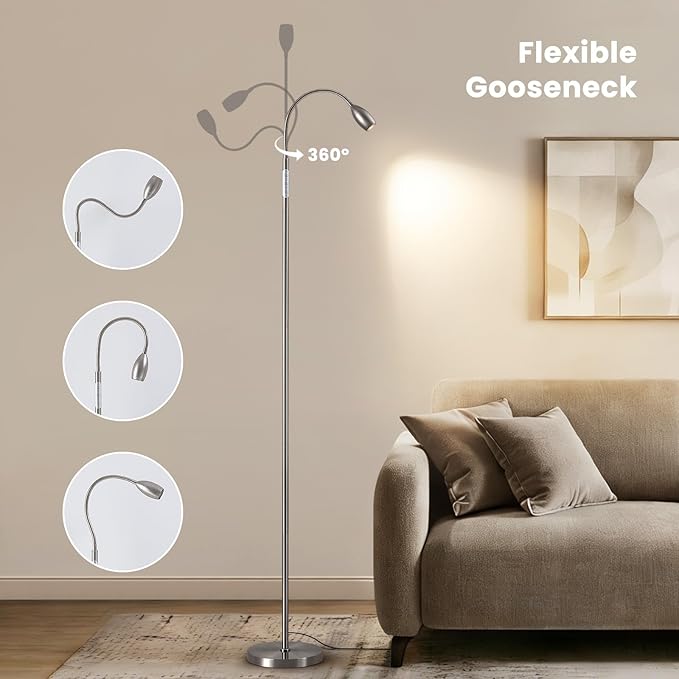 Reading Floor Lamp, Dimmable LED Floor Lamp with Remote, Standing Lamp with Flexible Gooseneck, Zoomable Spotlight, Reading Light, Task Crafting Tall Lamps for Living Room Office Bedroom(Nickel)