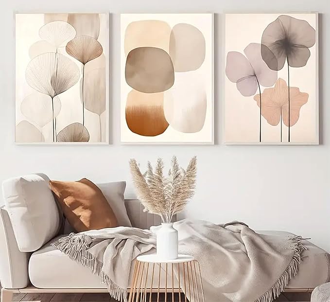 EVPYXFUT 3pcs Neutral Beige Wall Art Abstract Botanical Canvas Prints Modern Simple Flower Paintings Poster Wabi-sabi Geometric Wall Decor Boho Plant Pictures For Bedroom living room Unframed
