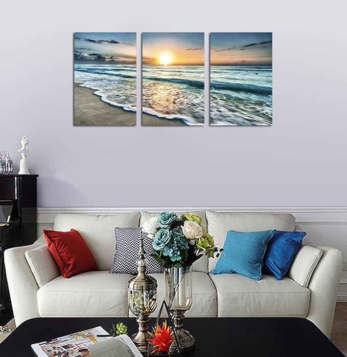 Canvas Wall Art Beach Sunset Ocean Waves Wall Decor 3 Pieces x 16" x 24" Modern Seascape Canvas Artwork Contemporary Nature Pictures Painting Giclee Prints Framed Ready to Hang for Home Decoration