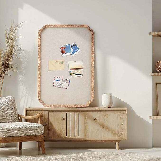 Vintage Framed Pin Board Linen Display Bulletin Board Large Cork Fabric Picture Photo Pinboard Memo Ornate Decorative Pinboard Ornate for Wall Gift(Scalloped,20'' X 30'',Light Brown)