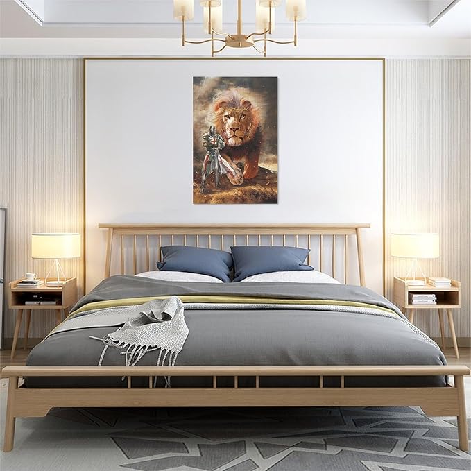yerretin Christian Lion Of Judah Wall Art Lion Warrior Pictures Wall Decor Religious Knight Canvas Painting Home Decorations Artwork for Bathroom Bedroom Living Room Office Framed 16"x24"